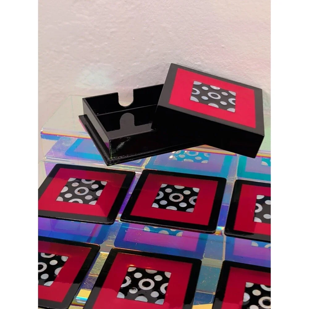 vintage article mother of pearl and lay coaster set of six with holder black red